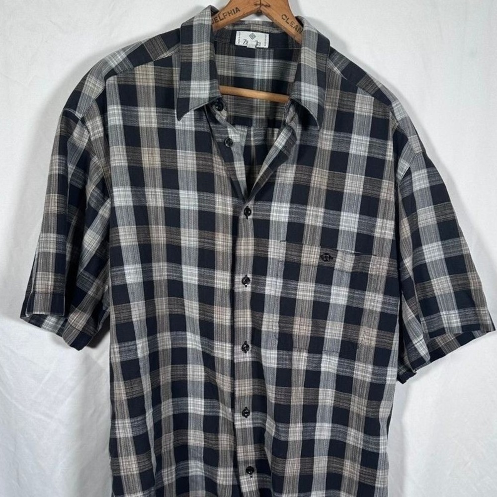 ZANELLA Men's XL Short Sleeve Button-Down Shirt – Black & Gray Plaid Casual